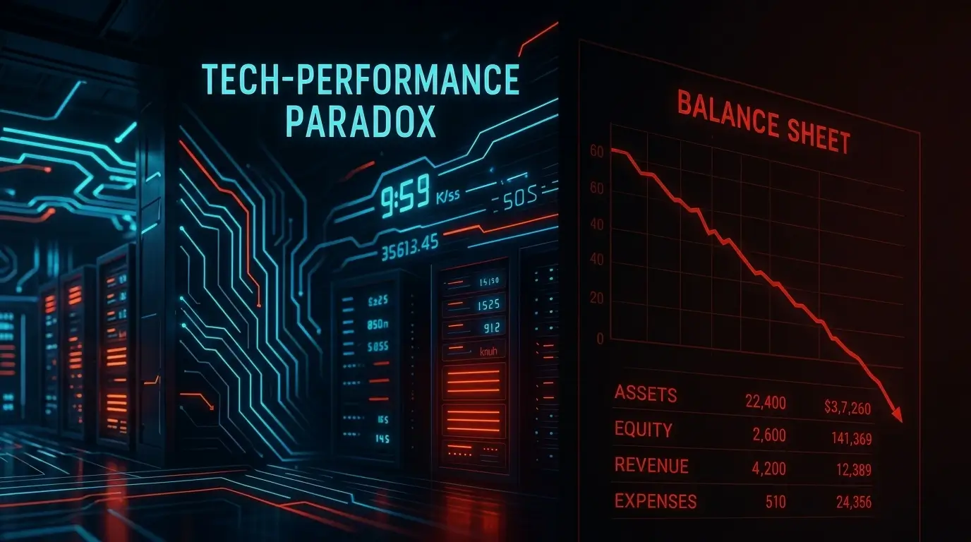 A race car driving fast but in the wrong direction. Dashboard shows green speed metrics and red ROI arrow pointing down
